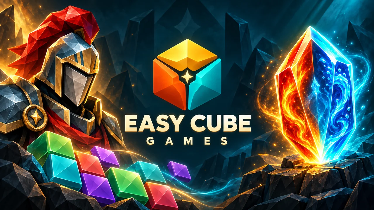 A knight, a fire-and-water crystal and colorful puzzle tiles surround the Easy Cube Games logo.